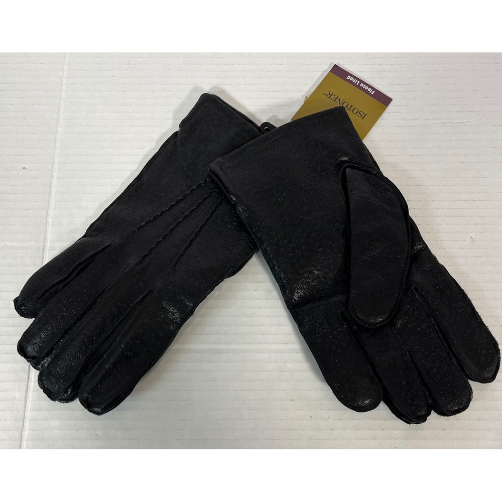 Isotoner Leather Gloves Men L Black Fleece Lined Genuine Leather 76541